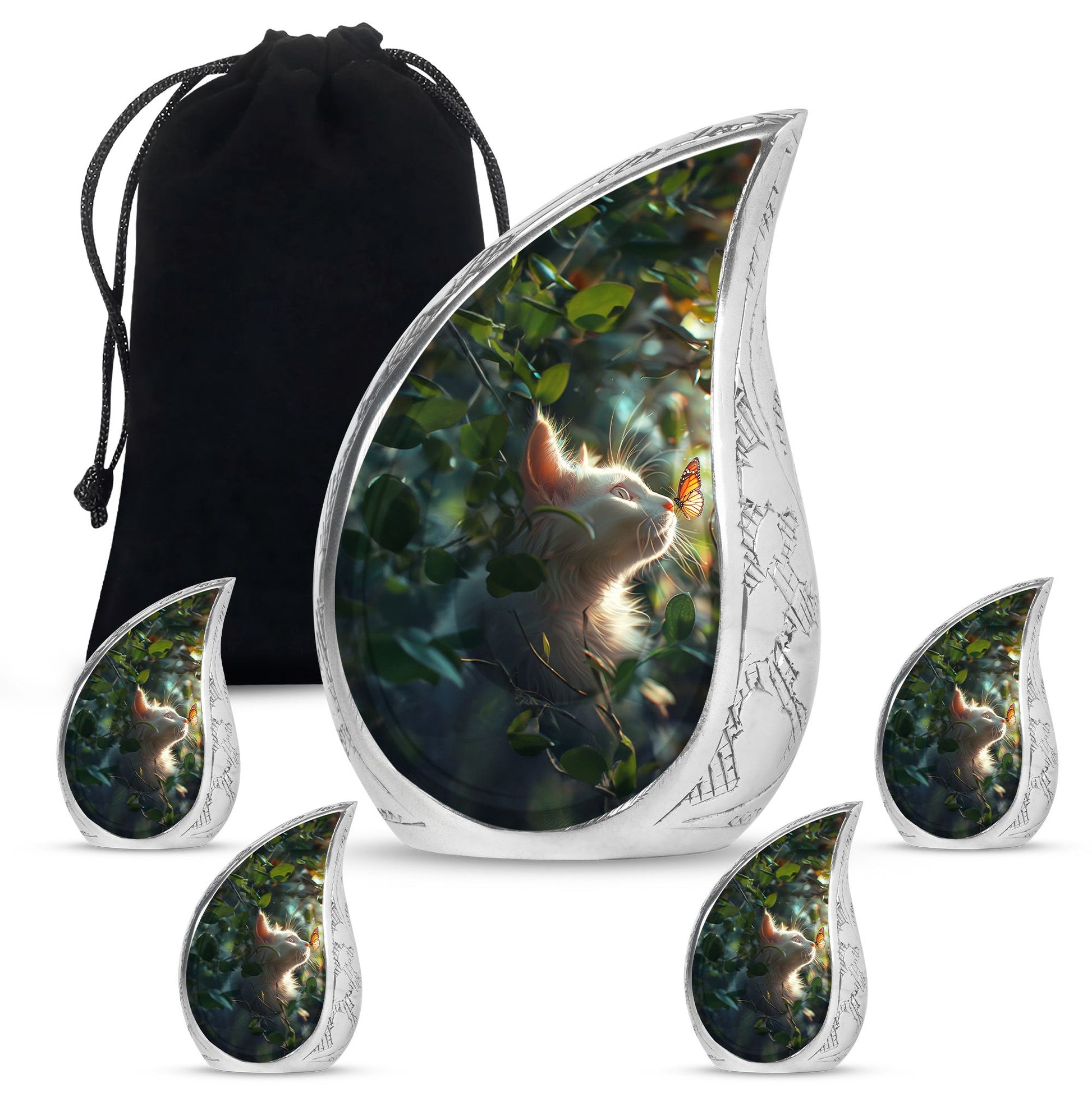 Majestic White Cat Urns For Funeral - Cat & Butterfly Memorial Urn