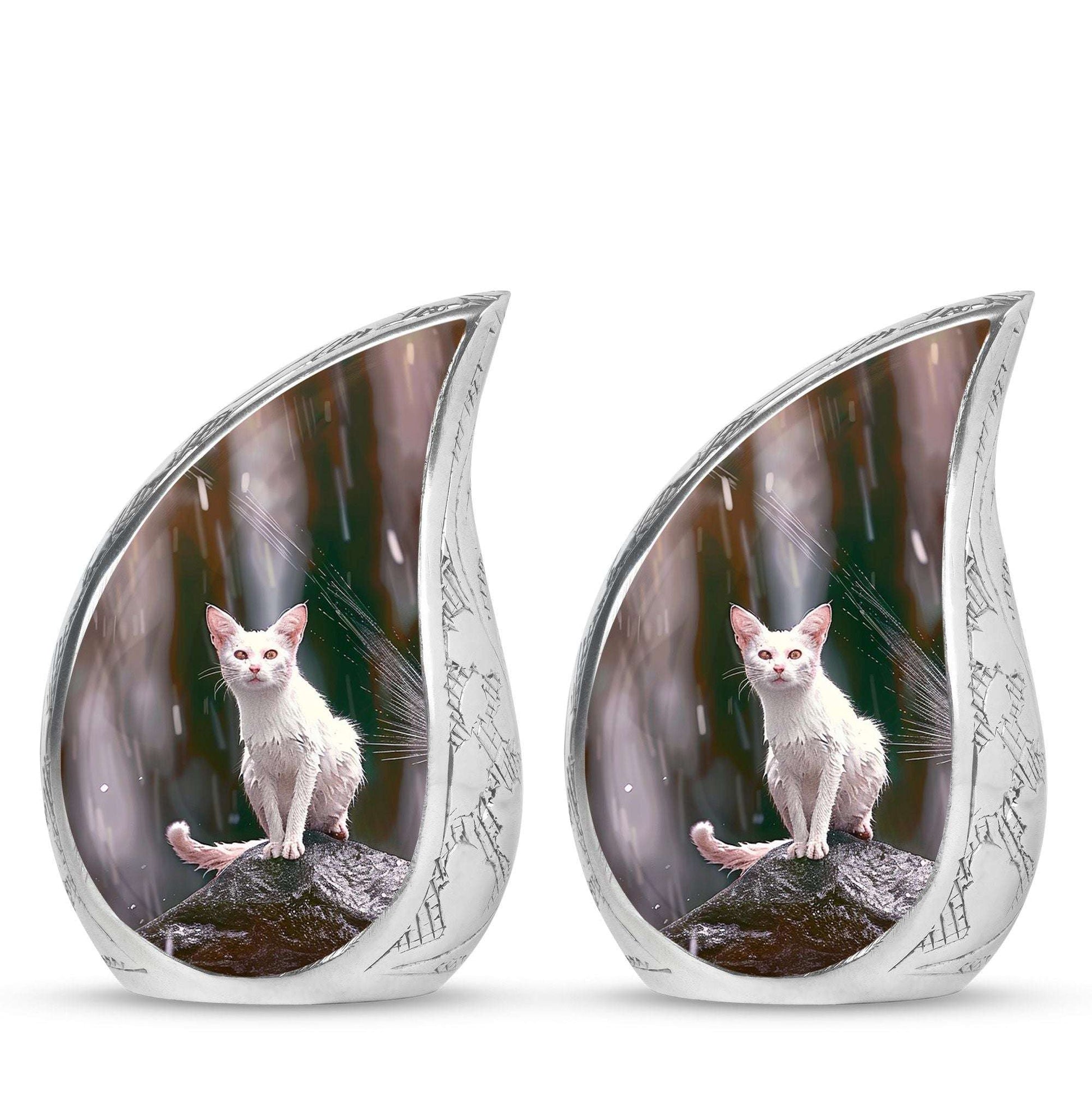 White Cat Cremation Urn For Mom Ashes - Pet Memorial Urn For Cats
