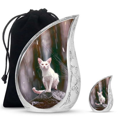 White Cat Cremation Urn For Mom Ashes - Pet Memorial Urn For Cats
