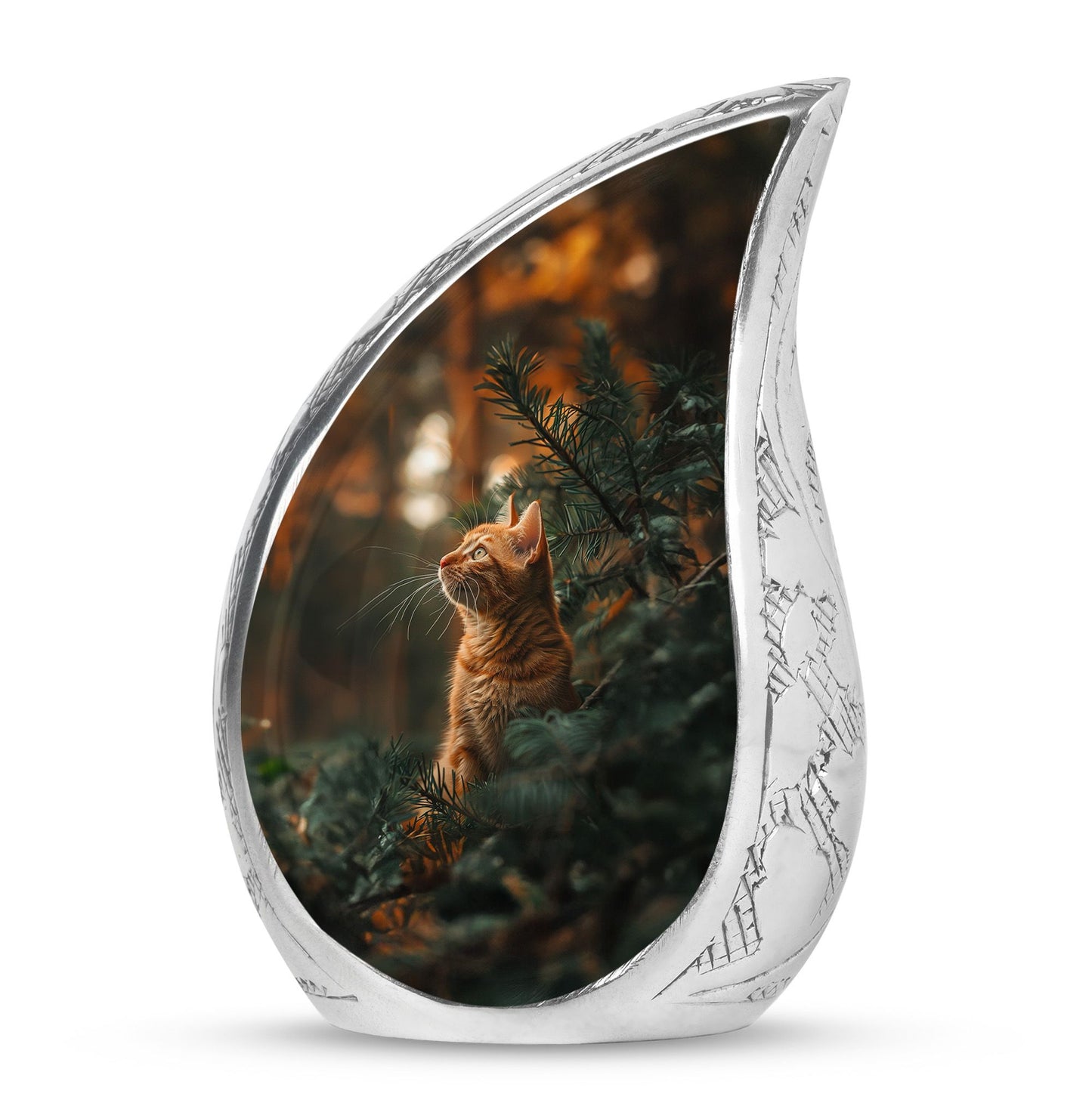Cat Urn for Pet Ashes, Orange Cat Looking Up Among Pines, Memorial Urn