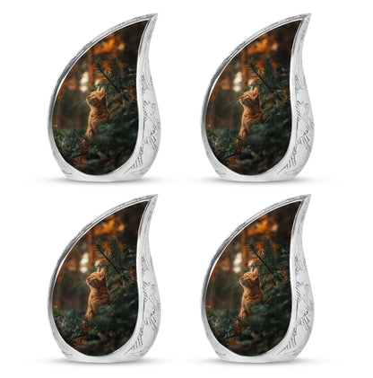 Cat Urn for Pet Ashes, Orange Cat Looking Up Among Pines, Memorial Urn