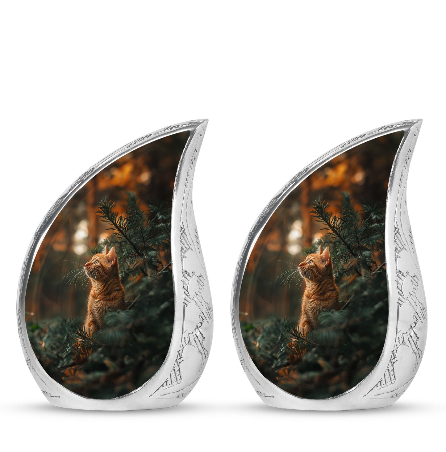 Cat Urn for Pet Ashes, Orange Cat Looking Up Among Pines, Memorial Urn