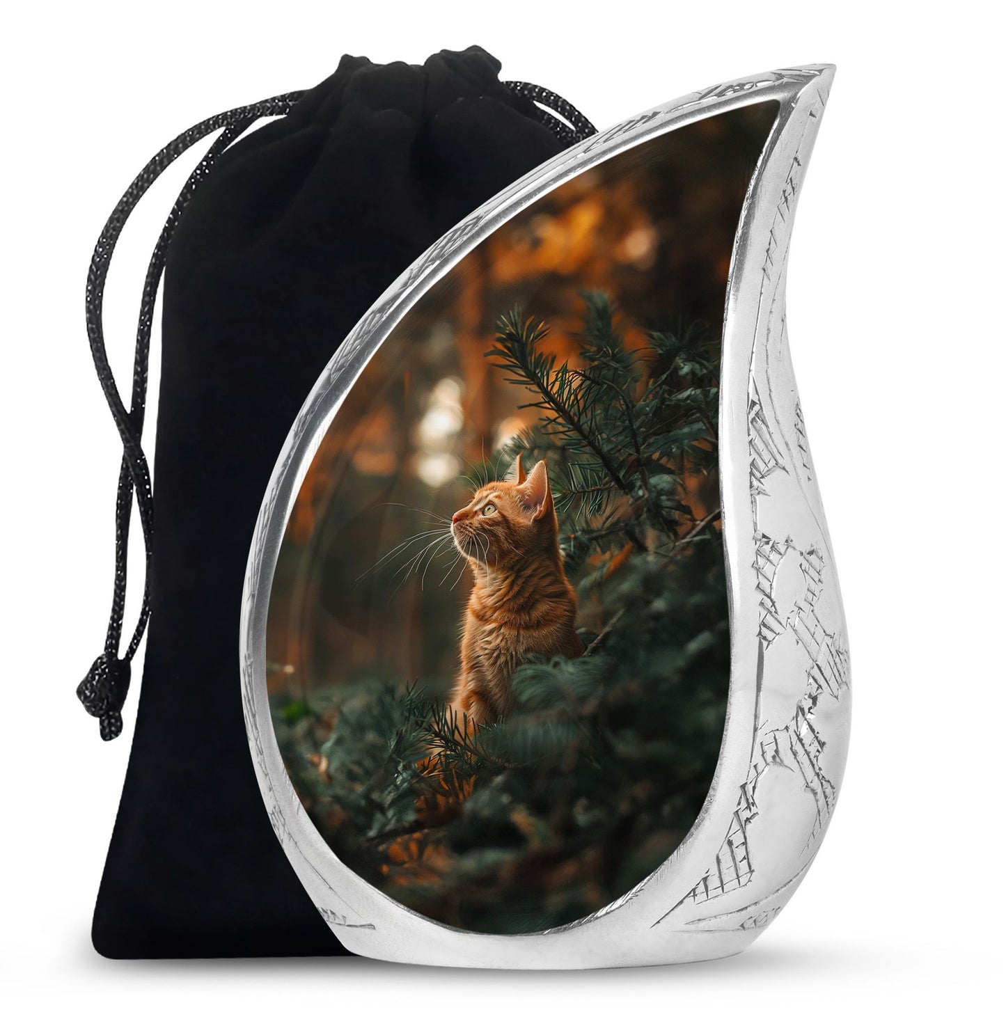 Cat Urn for Pet Ashes, Orange Cat Looking Up Among Pines, Memorial Urn