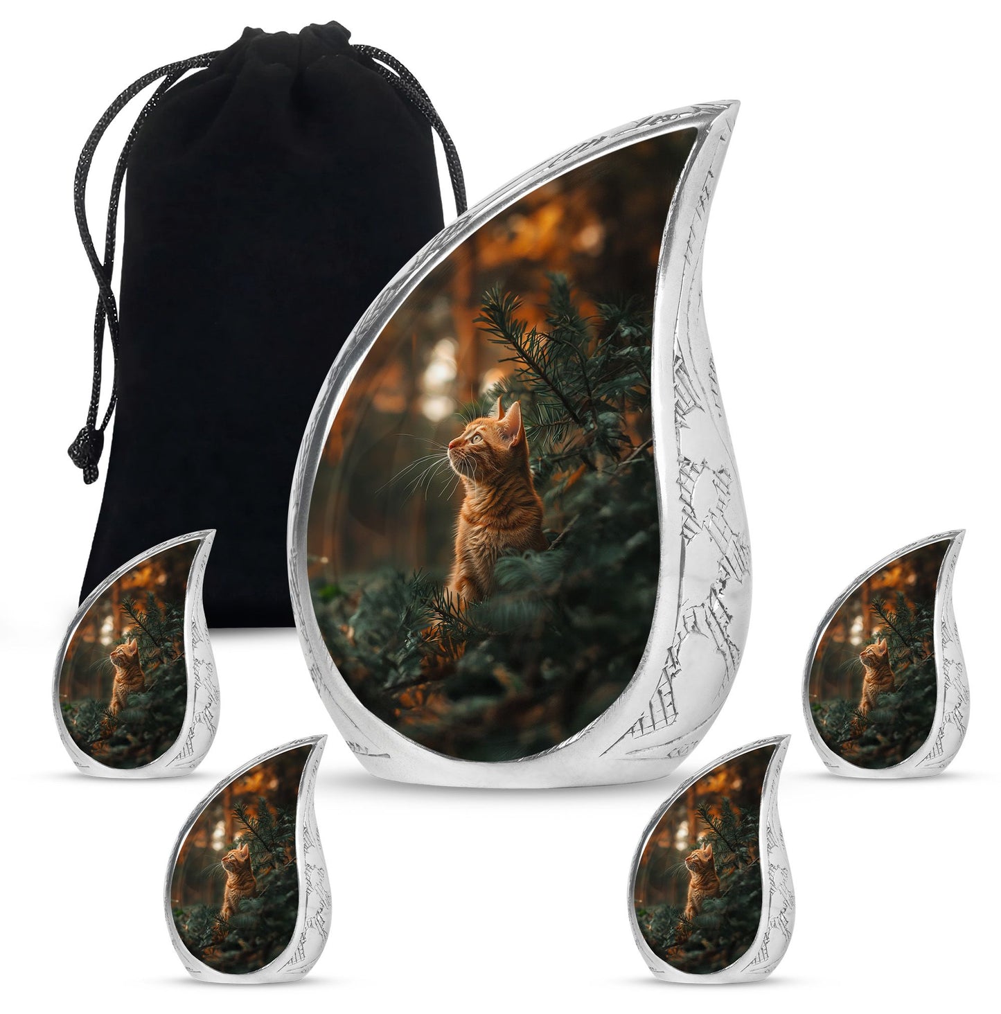 Cat Urn for Pet Ashes, Orange Cat Looking Up Among Pines, Memorial Urn