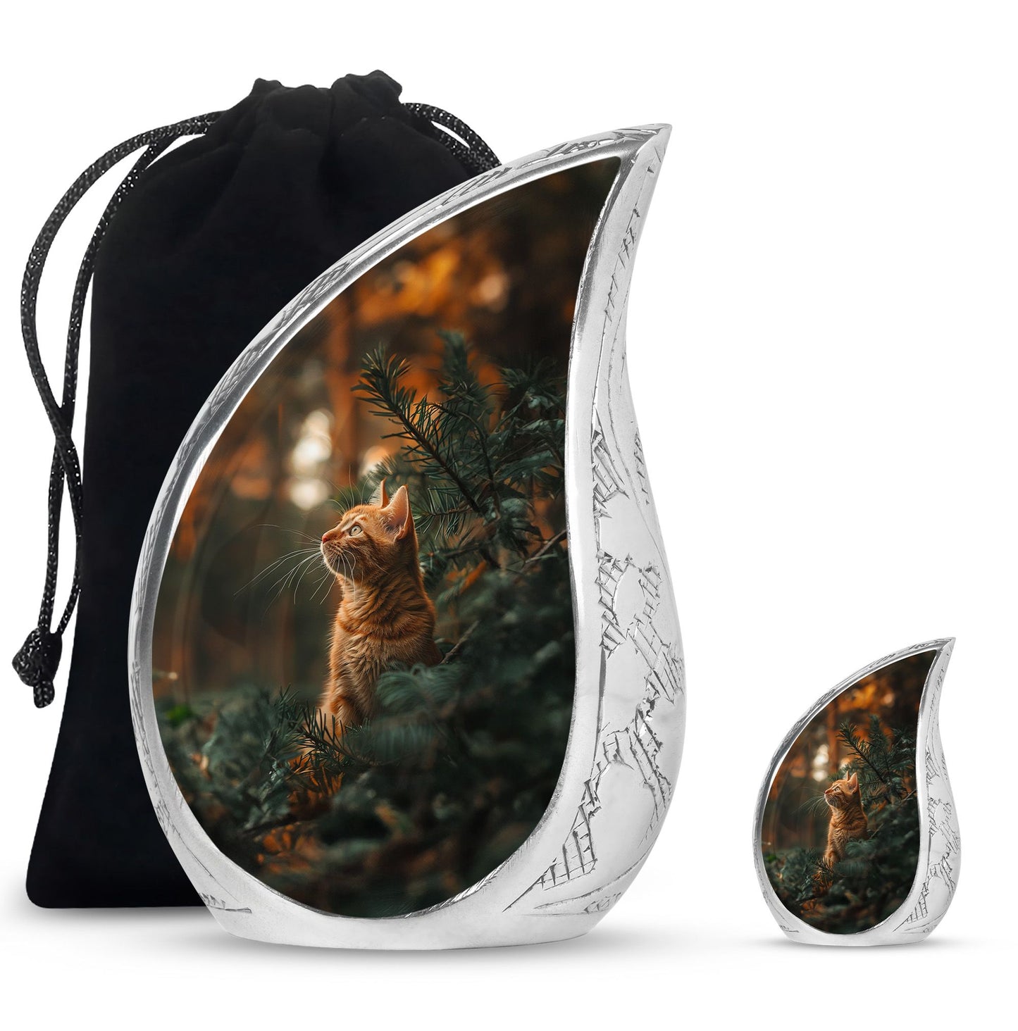 Cat Urn for Pet Ashes, Orange Cat Looking Up Among Pines, Memorial Urn