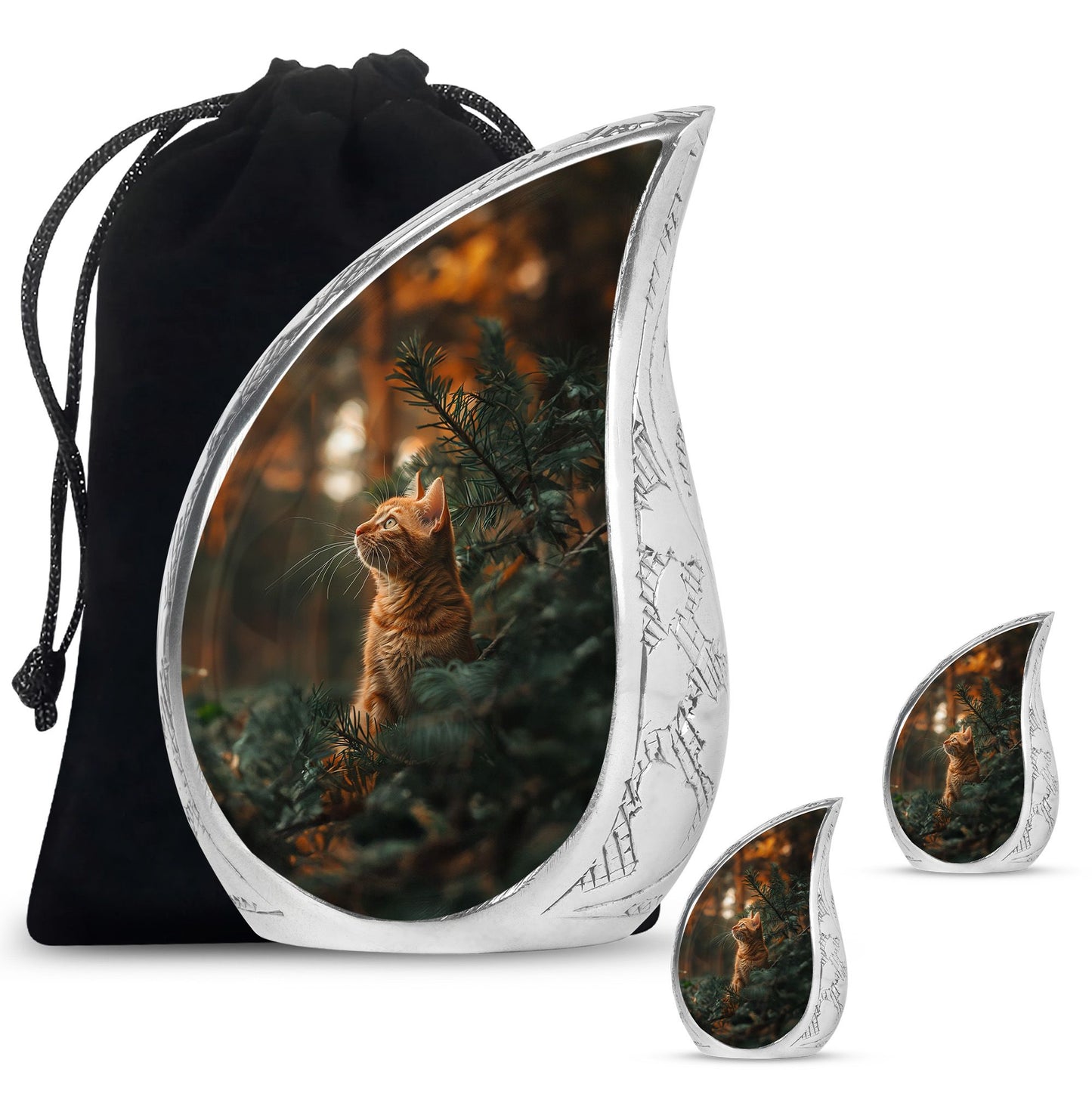 Cat Urn for Pet Ashes, Orange Cat Looking Up Among Pines, Memorial Urn