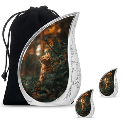Cat Urn for Pet Ashes, Orange Cat Looking Up Among Pines, Memorial Urn