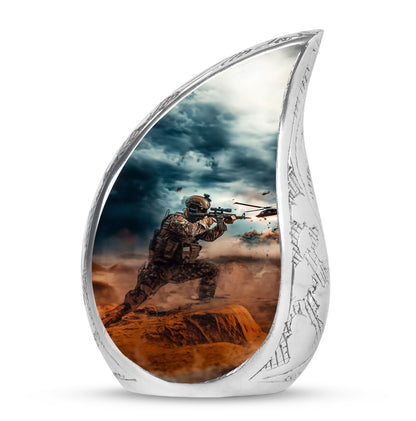 Military Urn for Human Ashes with Soldier and Helicopter Scene, Memorial Urn