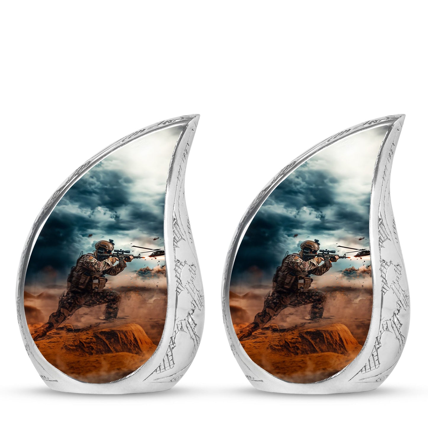 Military Urn for Human Ashes with Soldier and Helicopter Scene, Memorial Urn