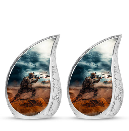 Military Urn for Human Ashes with Soldier and Helicopter Scene, Memorial Urn