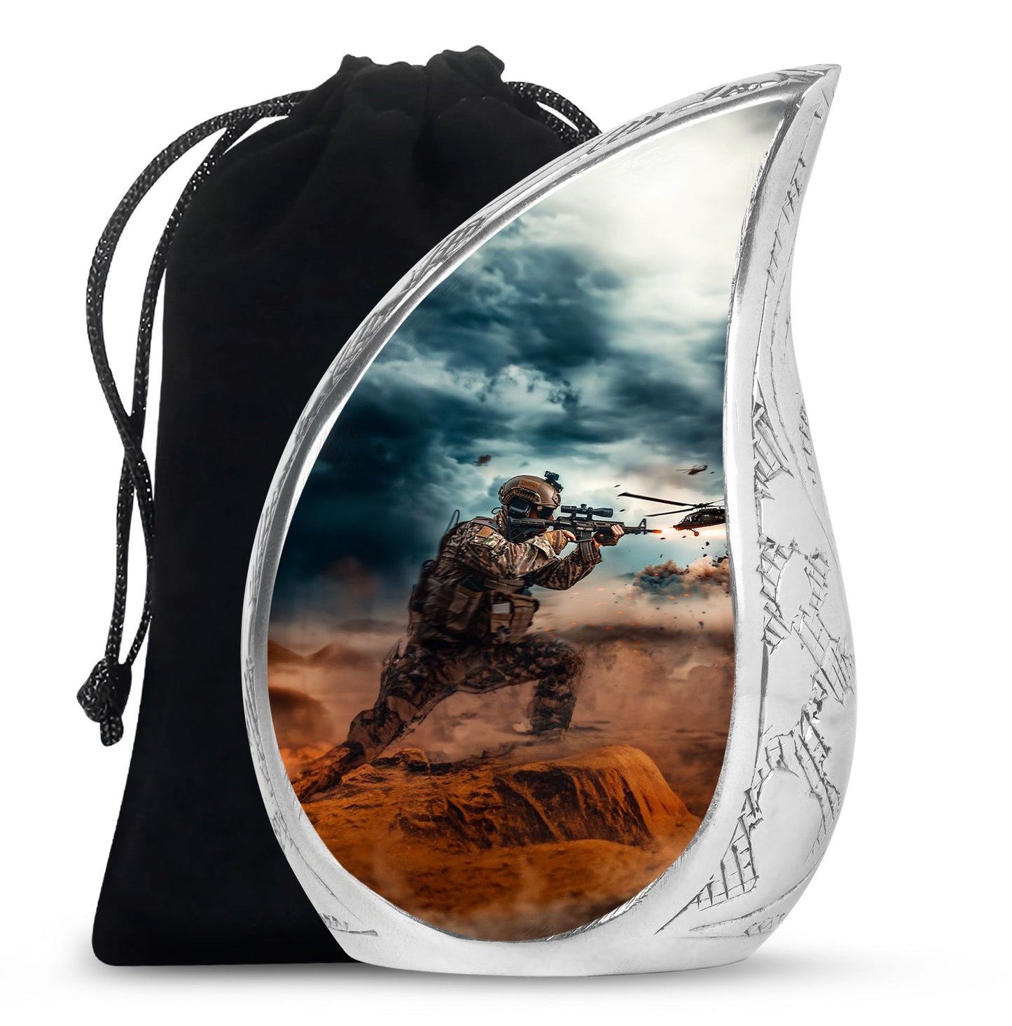 Military Urn for Human Ashes with Soldier and Helicopter Scene, Memorial Urn