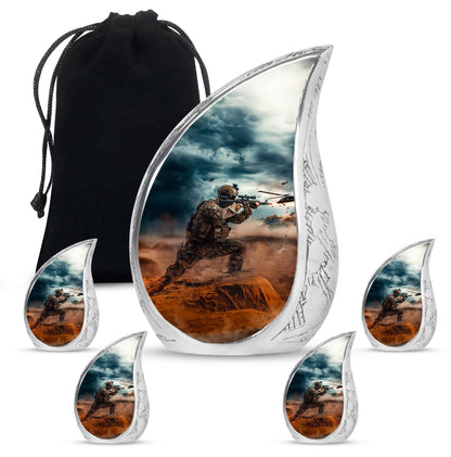 Military Urn for Human Ashes with Soldier and Helicopter Scene, Memorial Urn