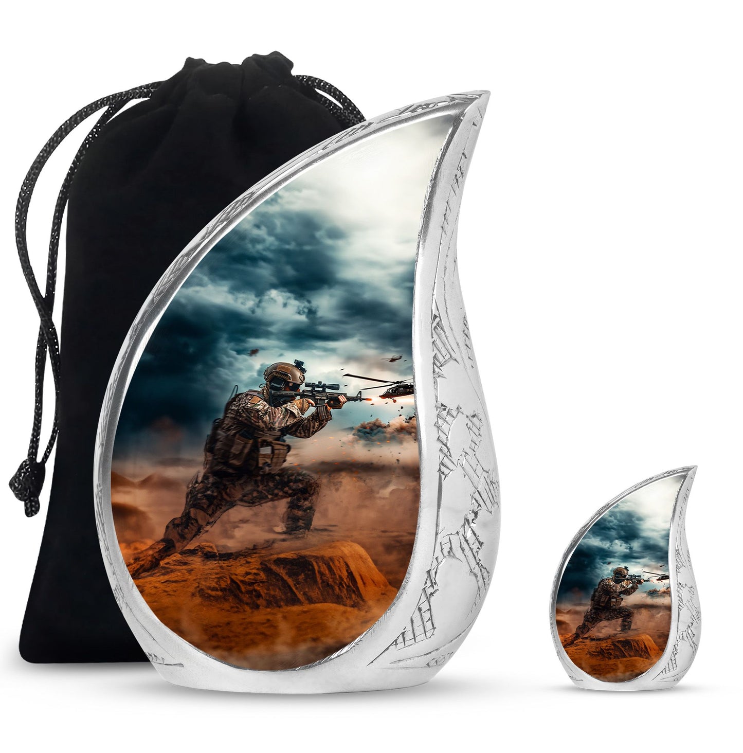 Military Urn for Human Ashes with Soldier and Helicopter Scene, Memorial Urn