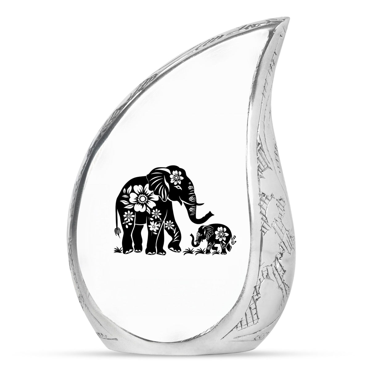 Elephant Urn for Human Ashes, White Urn with Black Floral Elephant and Calf, Memorial Urn