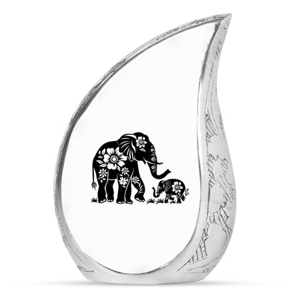 Elephant Urn for Human Ashes, White Urn with Black Floral Elephant and Calf, Memorial Urn