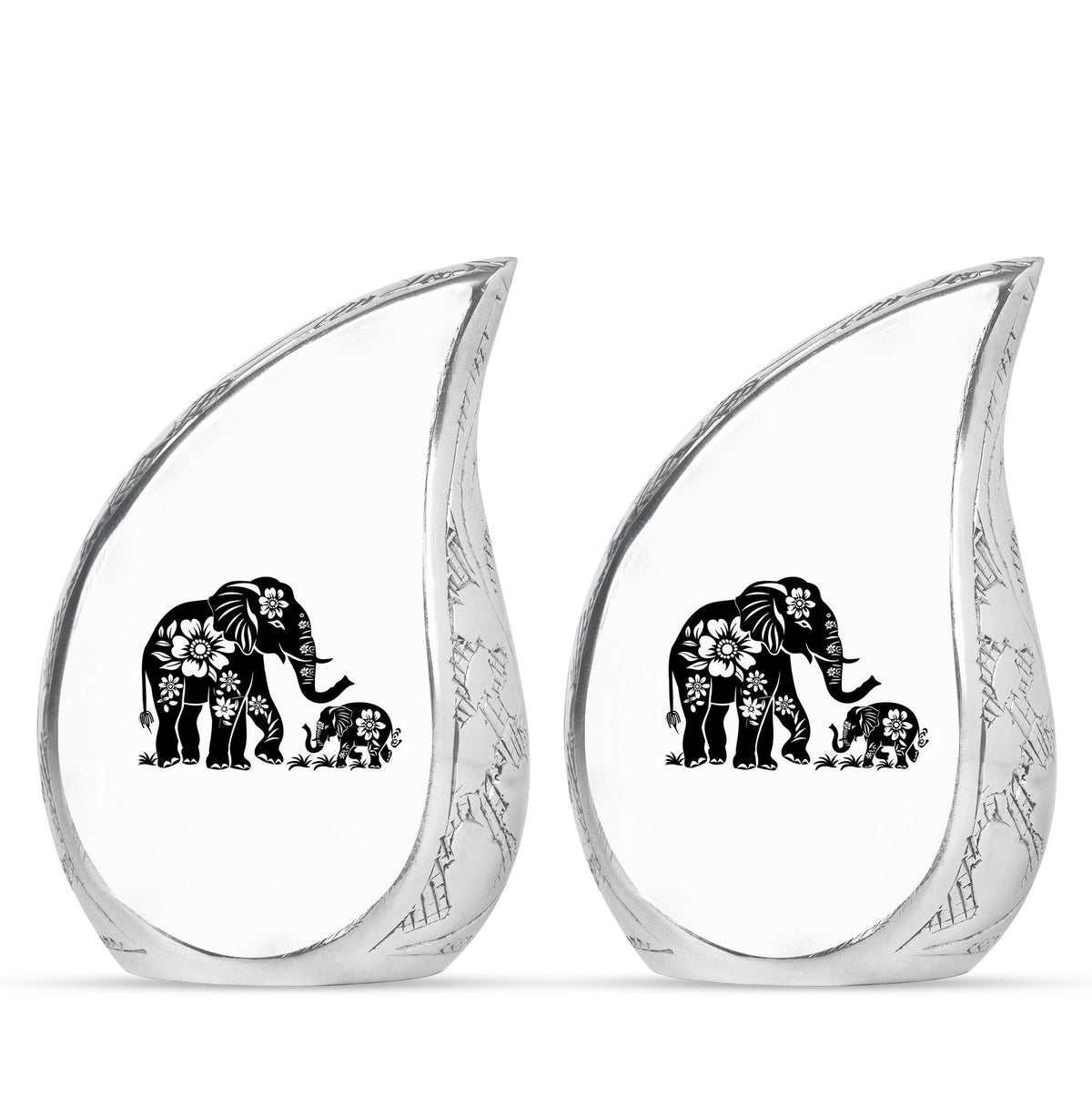 Elephant Urn for Human Ashes, White Urn with Black Floral Elephant and Calf, Memorial Urn