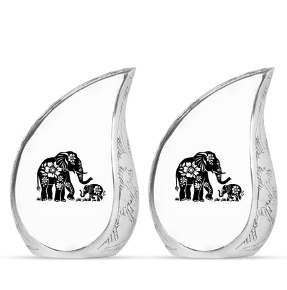 Elephant Urn for Human Ashes, White Urn with Black Floral Elephant and Calf, Memorial Urn