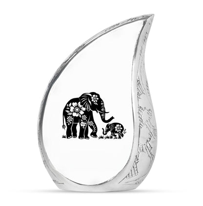 Elephant Urn for Human Ashes, White Urn with Black Floral Elephant and Calf, Memorial Urn