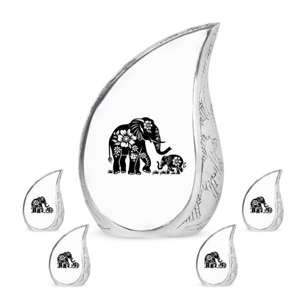 Elephant Urn for Human Ashes, White Urn with Black Floral Elephant and Calf, Memorial Urn