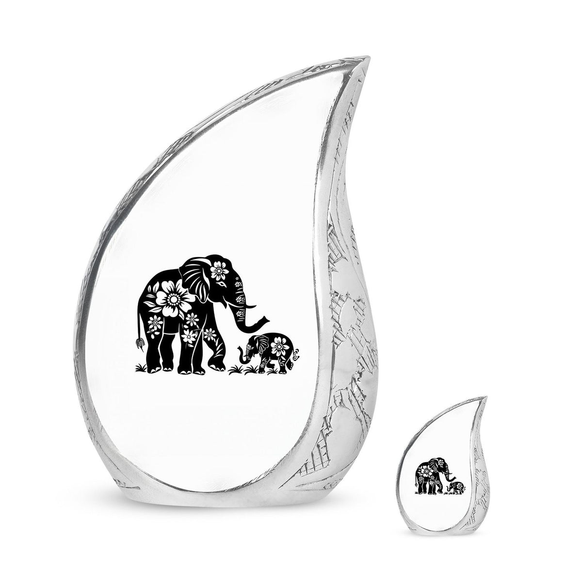 Elephant Urn for Human Ashes, White Urn with Black Floral Elephant and Calf, Memorial Urn