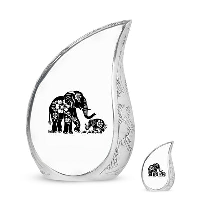 Elephant Urn for Human Ashes, White Urn with Black Floral Elephant and Calf, Memorial Urn