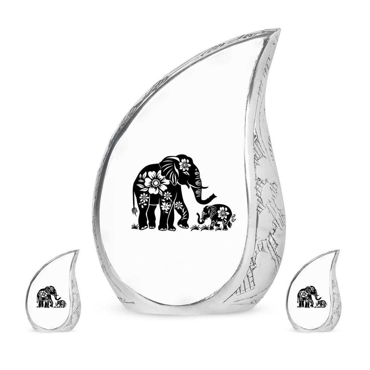 Elephant Urn for Human Ashes, White Urn with Black Floral Elephant and Calf, Memorial Urn