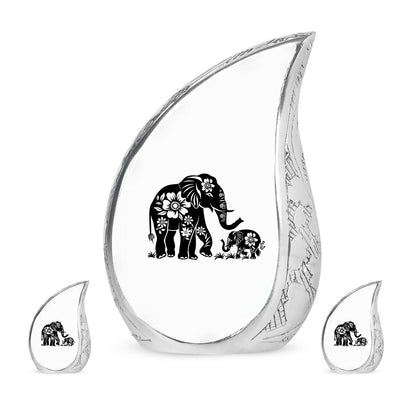 Elephant Urn for Human Ashes, White Urn with Black Floral Elephant and Calf, Memorial Urn