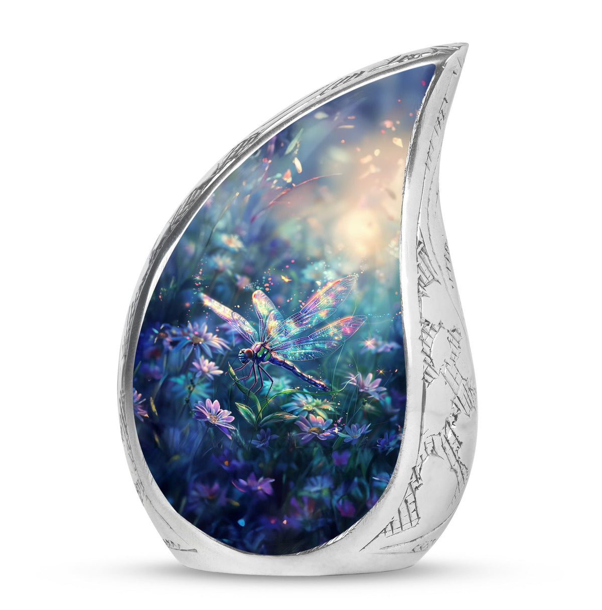 Dragonfly Urn for Human Ashes, Iridescent Among Spring Wildflowers, Classic Memorial Urn