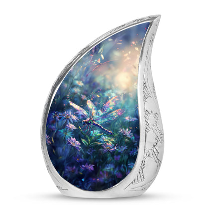 Dragonfly Urn for Human Ashes, Iridescent Among Spring Wildflowers, Classic Memorial Urn