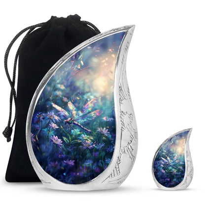 Dragonfly Urn for Human Ashes, Iridescent Among Spring Wildflowers, Classic Memorial Urn
