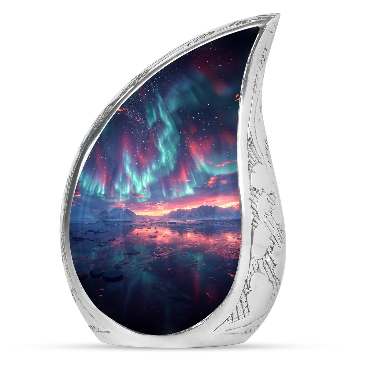 Aurora Borealis Urn for Human Ashes, over Sunset Mountains and Water, Cremation Urn