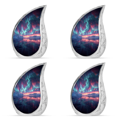 Aurora Borealis Urn for Human Ashes, over Sunset Mountains and Water, Cremation Urn
