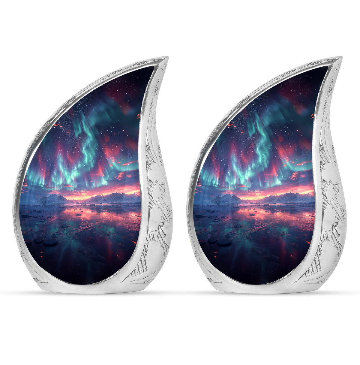 Aurora Borealis Urn for Human Ashes, over Sunset Mountains and Water, Cremation Urn