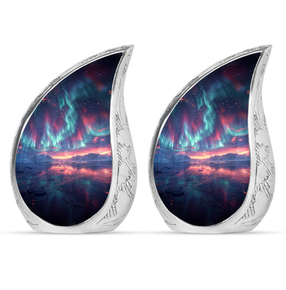 Aurora Borealis Urn for Human Ashes, over Sunset Mountains and Water, Cremation Urn
