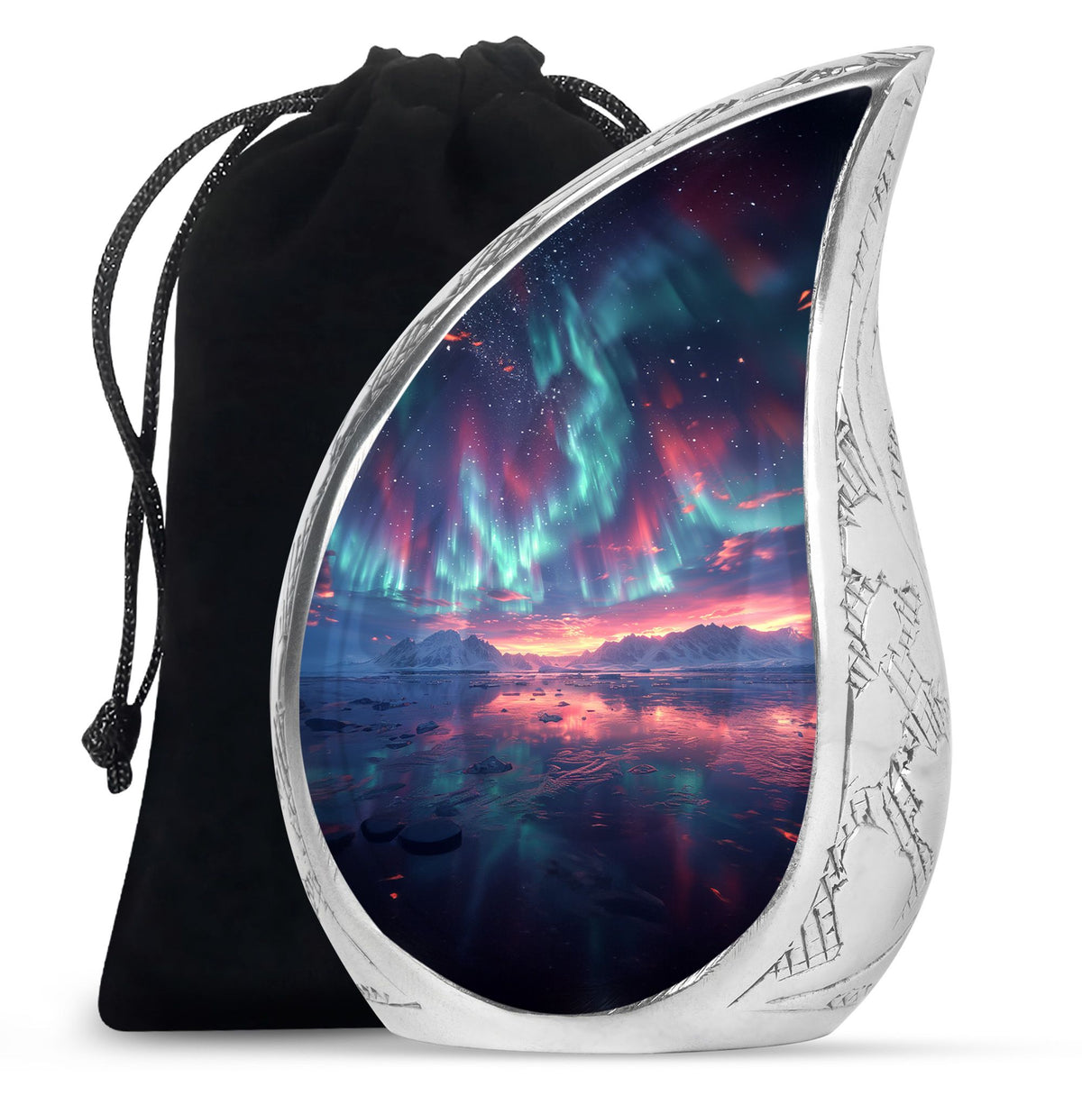 Aurora Borealis Urn for Human Ashes, over Sunset Mountains and Water, Cremation Urn