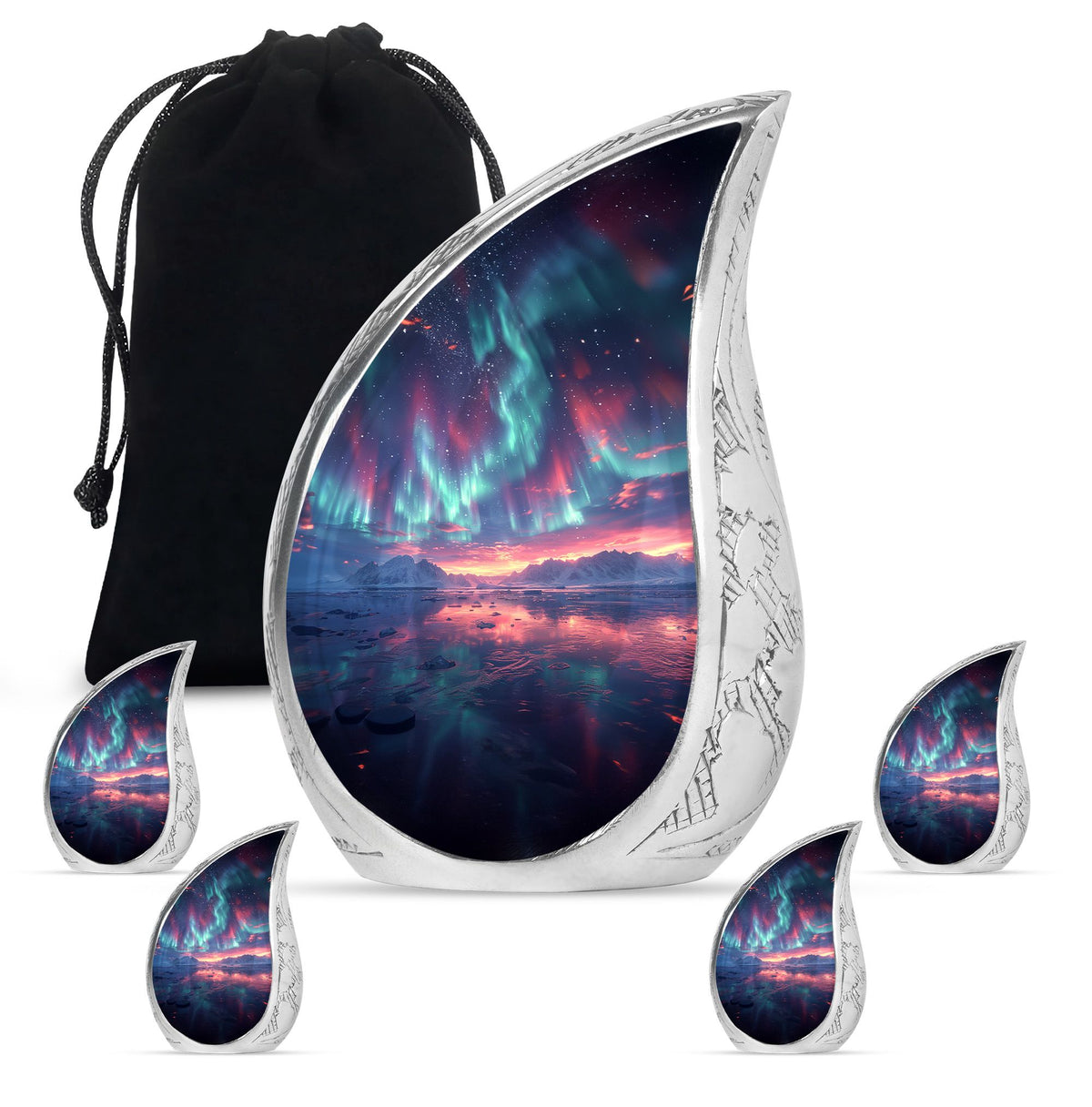 Aurora Borealis Urn for Human Ashes, over Sunset Mountains and Water, Cremation Urn