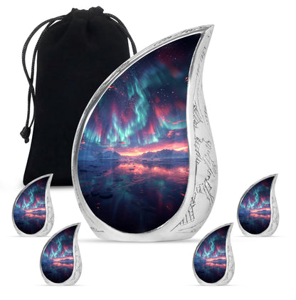 Aurora Borealis Urn for Human Ashes, over Sunset Mountains and Water, Cremation Urn