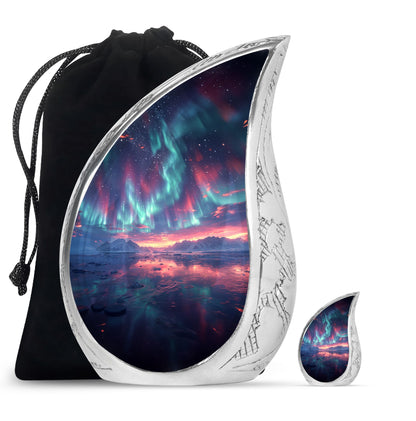 Aurora Borealis Urn for Human Ashes, over Sunset Mountains and Water, Cremation Urn