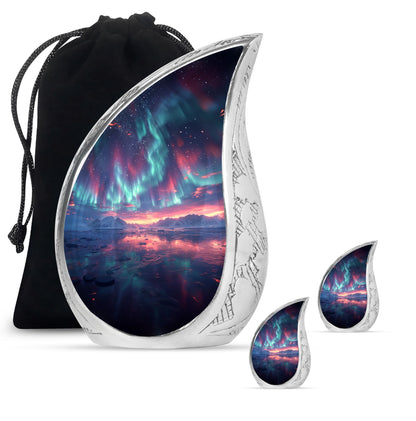 Aurora Borealis Urn for Human Ashes, over Sunset Mountains and Water, Cremation Urn