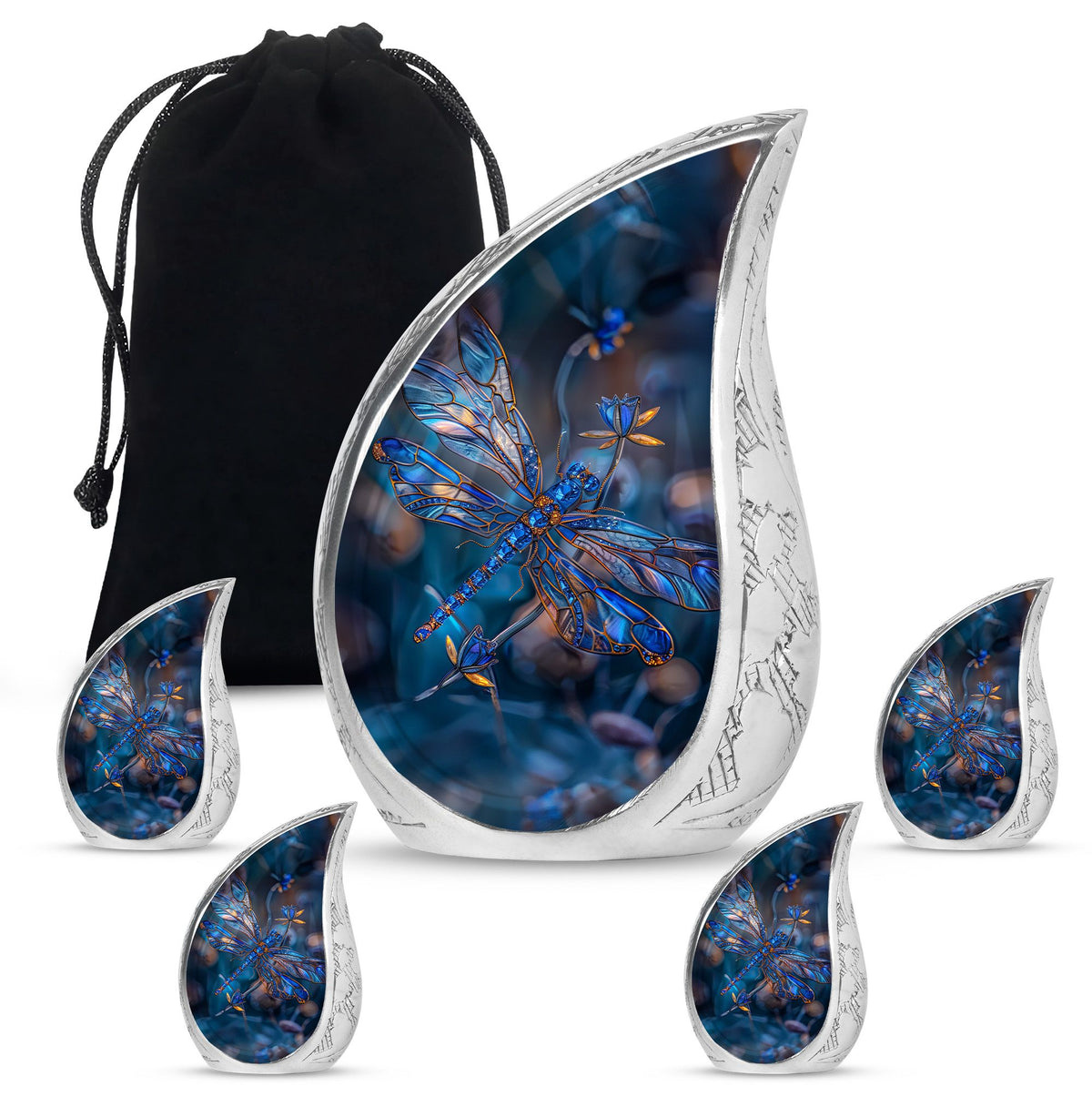 Dragonfly Urn for Ashes, Detailed Blue Orange Among Blurred Foliage, Dark Blue Urn