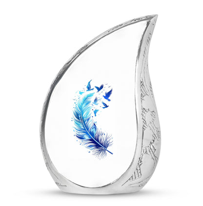 Blue Personalized Feather Cremation Urn for Women - 10-inch, 200 cu in - Yatskia