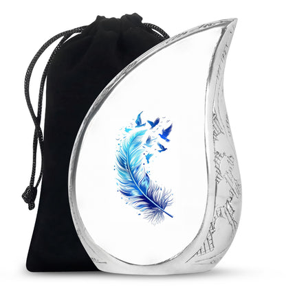 Blue Personalized Feather Cremation Urn for Women - 10-inch, 200 cu in - Yatskia