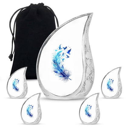 Blue Personalized Feather Cremation Urn for Women - 10-inch, 200 cu in - Yatskia
