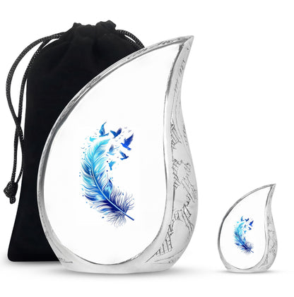 Blue Personalized Feather Cremation Urn for Women - 10-inch, 200 cu in - Yatskia