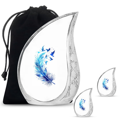 Blue Personalized Feather Cremation Urn for Women - 10-inch, 200 cu in - Yatskia