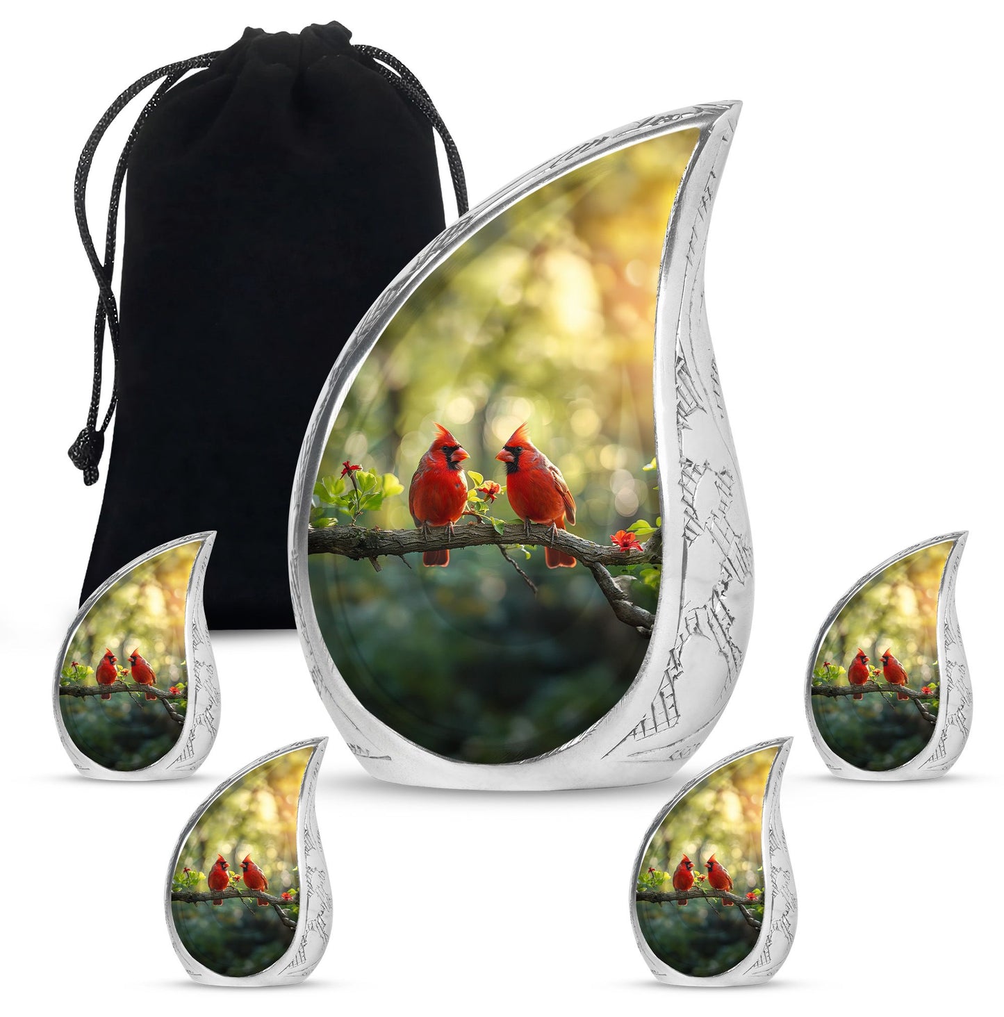 Cardinal Bird Theme Large Urn With 4 Keepsake Urn
