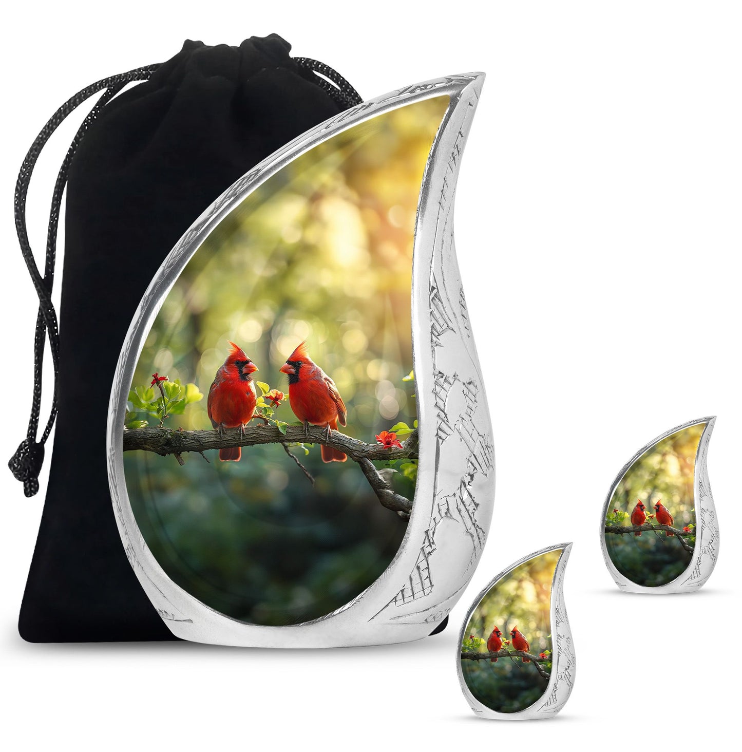 Cardinal Bird Theme Large Urn With 2 Keepsake Urn