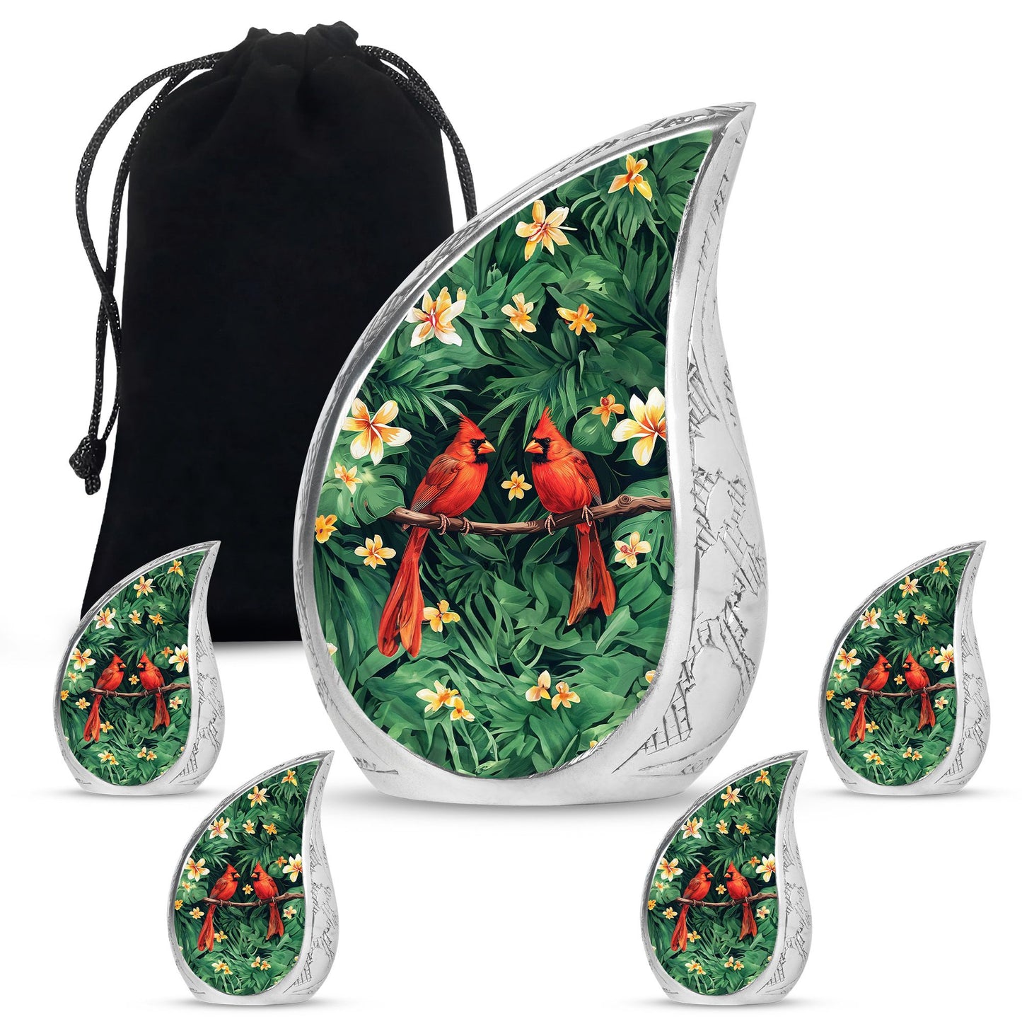 Cardinal Bird Theme Large Urn With 4 Keepsake Urn