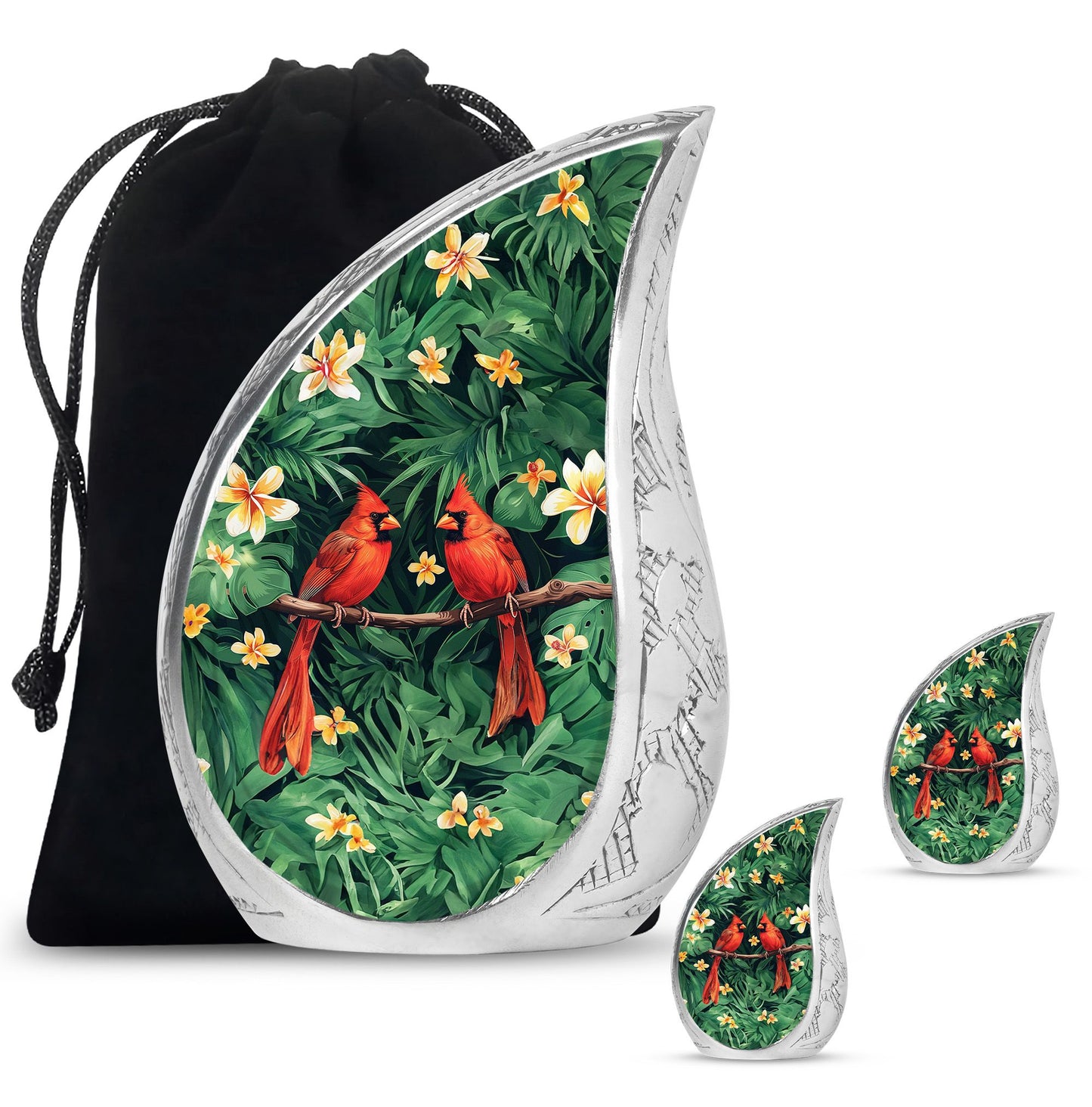 Cardinal Bird Theme Large Urn With 2 Keepsake Urn