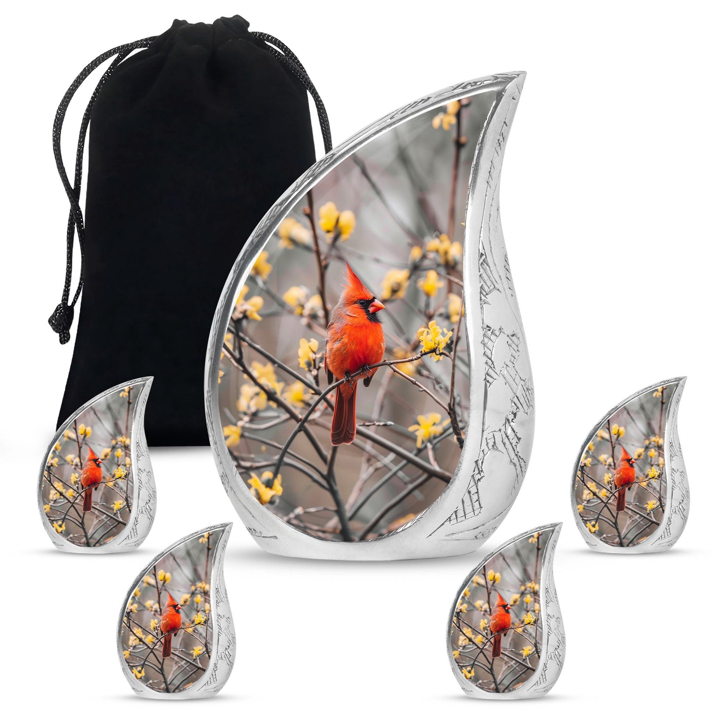 Cardinal Bird Theme Large Urn With 4 Keepsake Urn